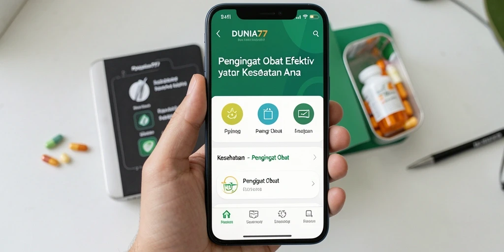 Antarmuka aplikasi DUNIA77 dengan fitur Pengingat Obat yang praktis.