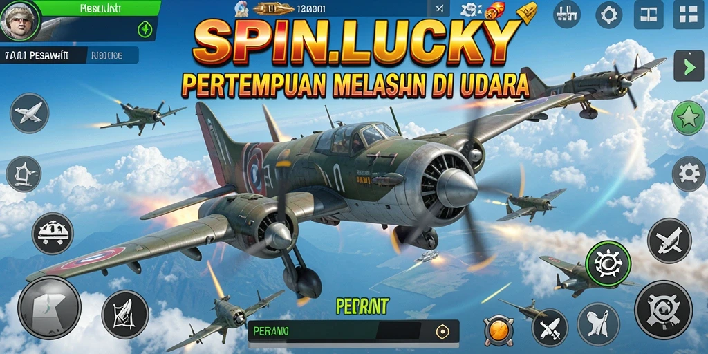 Screenshot SPINLUCKY menampilkan aksi pertempuran udara yang mendebarkan.
